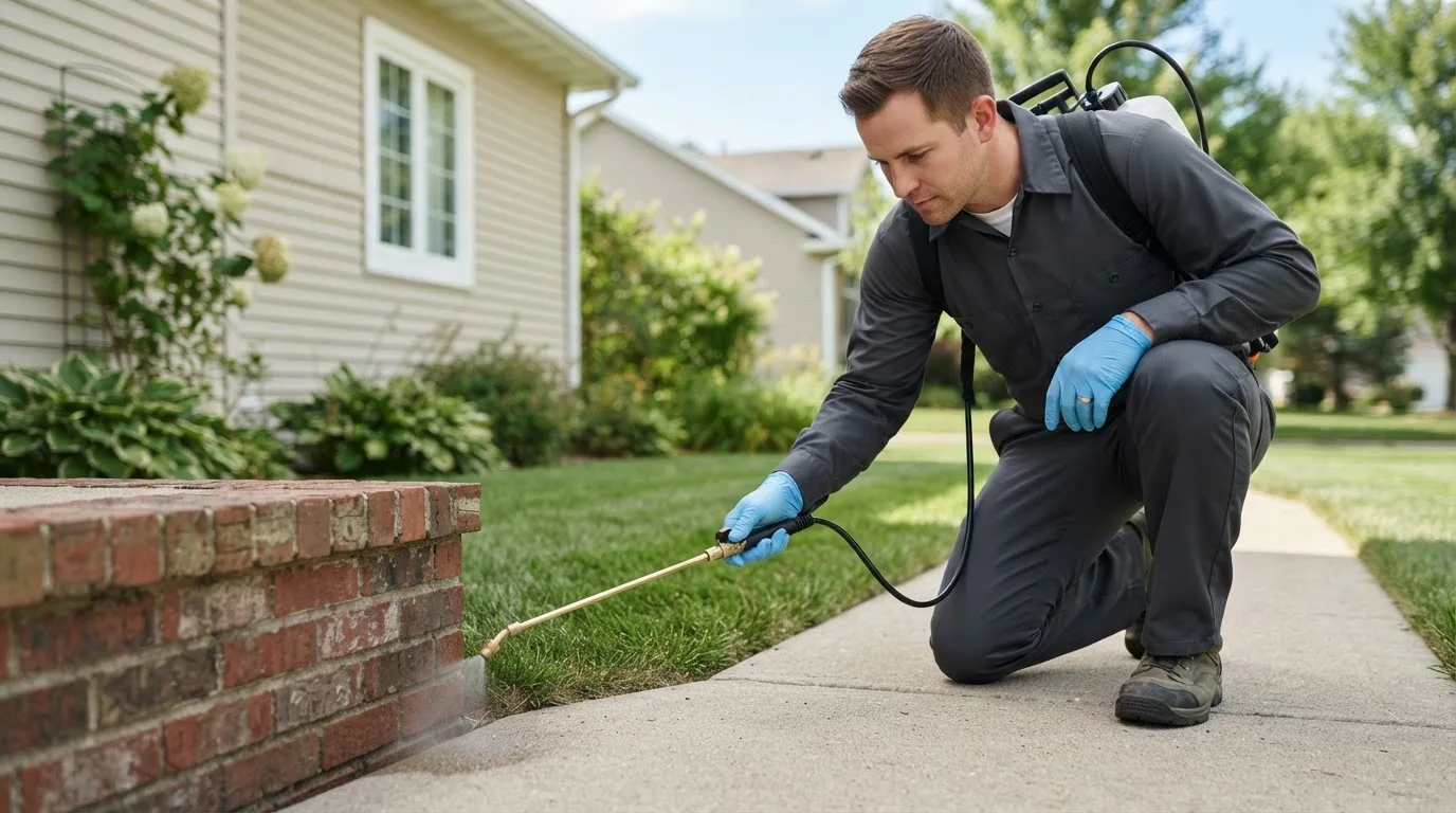 Pest control technician treating a home near Edson, KS